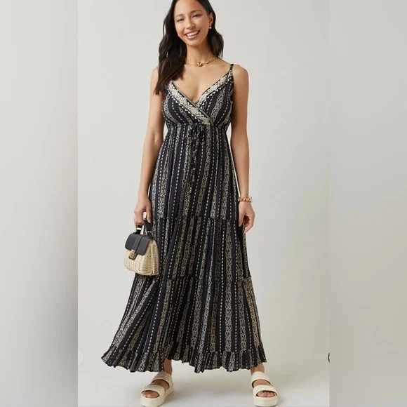 (7)New Francesca’s Starla Surplice Black &Cream Floral Spring/Summer Maxi Dress - Picture 2 of 5